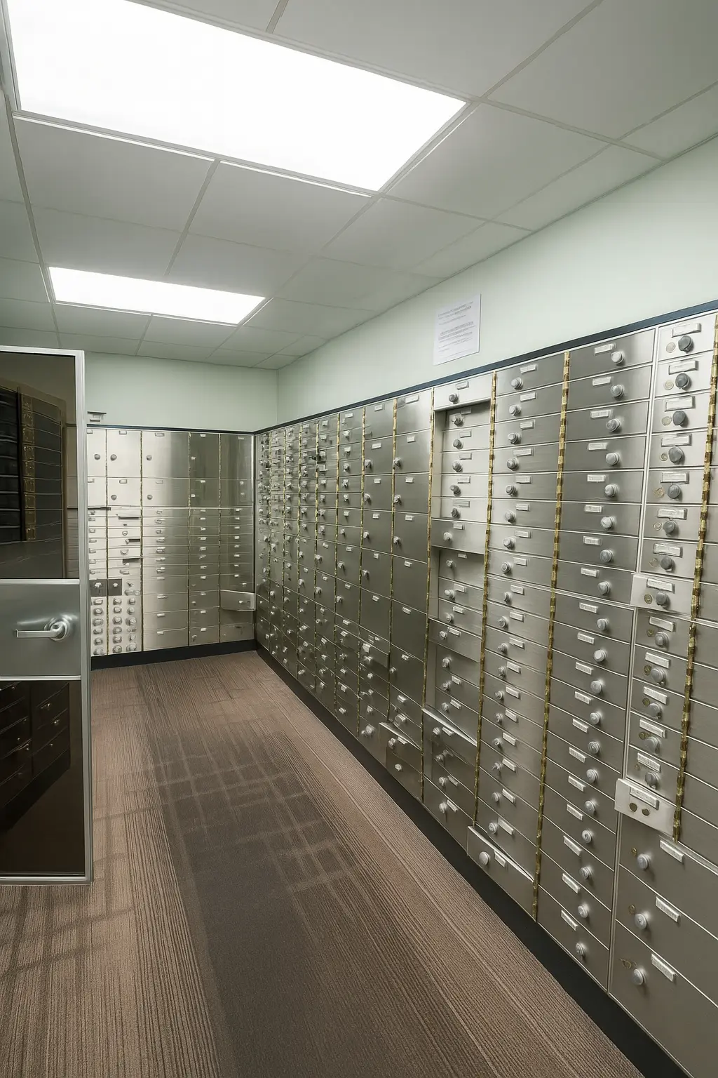 Professional safe deposit box room showing rows of secure banking storage units
